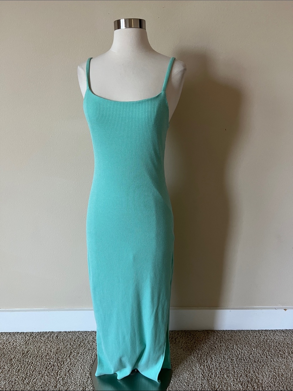 Vici Women’s Ribbed Spaghetti Strap Maxi Dress in Aqua